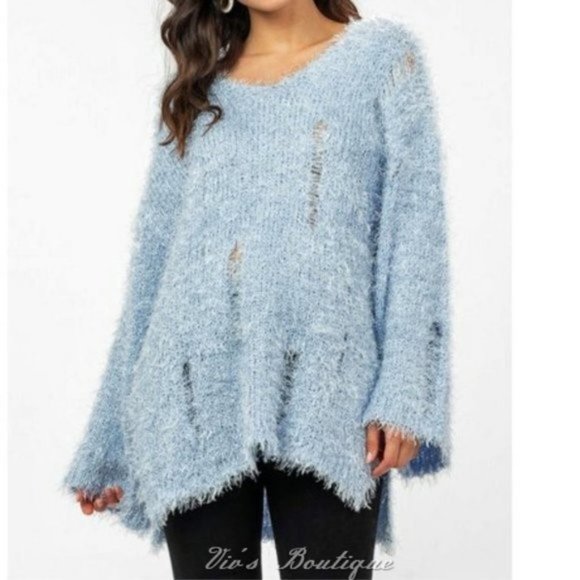 Blue Distressed Eyelash Relaxed Fit V-Neck Off Shoulder Sweater - Picture 3 of 11